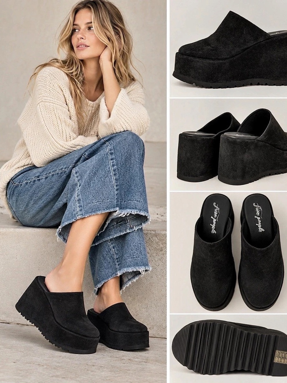 Free People Avery Black Suede Closed Toe Platform Mules 38.5 / US 8.5 New Withou
